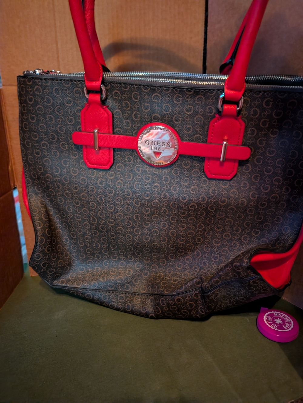 GUESS Red Trim Signature Tote Bag